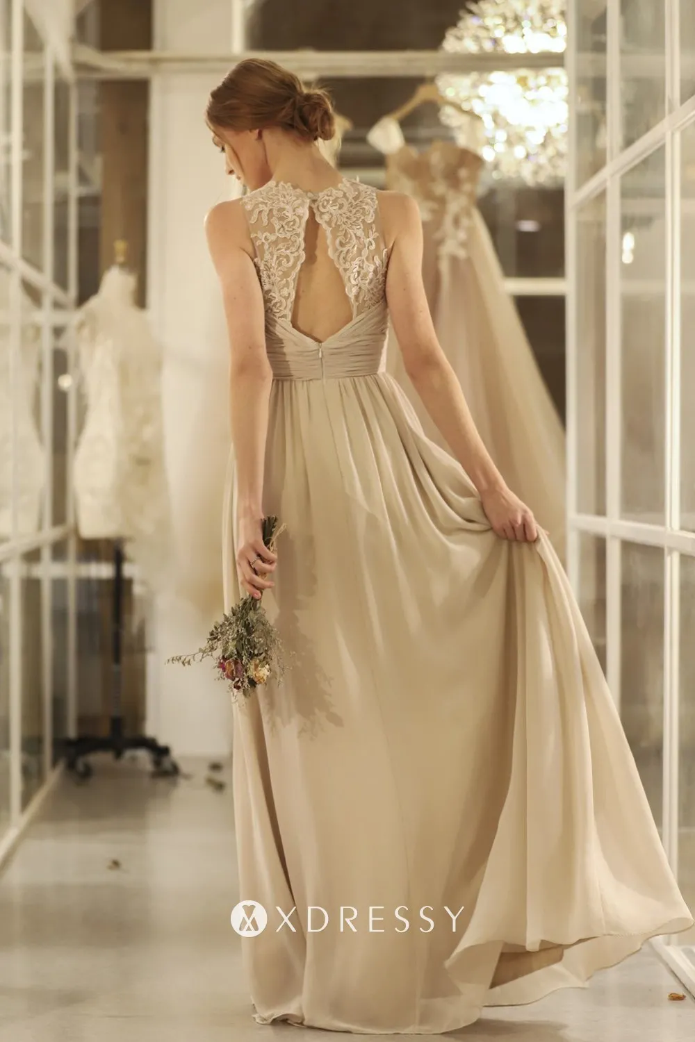 Illusion lace keyhole back sand chiffon bridesmaid dress
