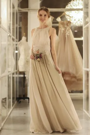 elegant boat neck pleated sand chiffon bridesmaid dress