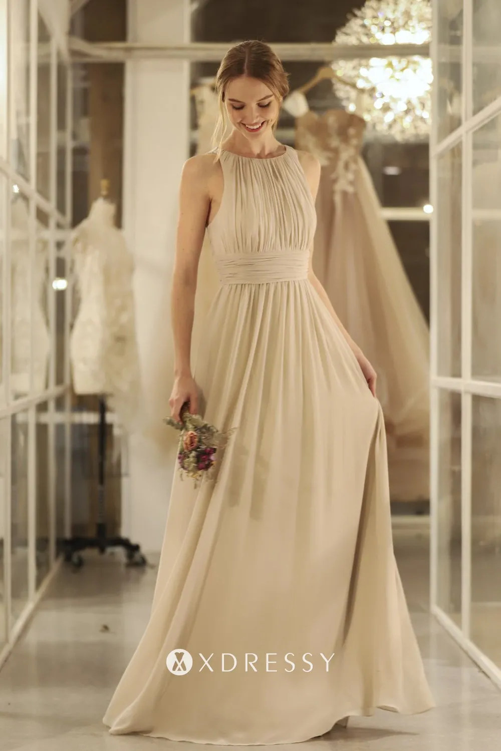 elegant boat neck sand chiffon A line bridesmaid dress