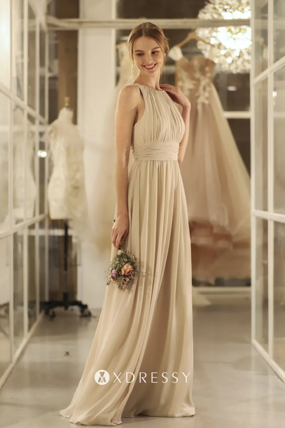 elegant pleated band circled waist sand chiffon bridesmaid dress