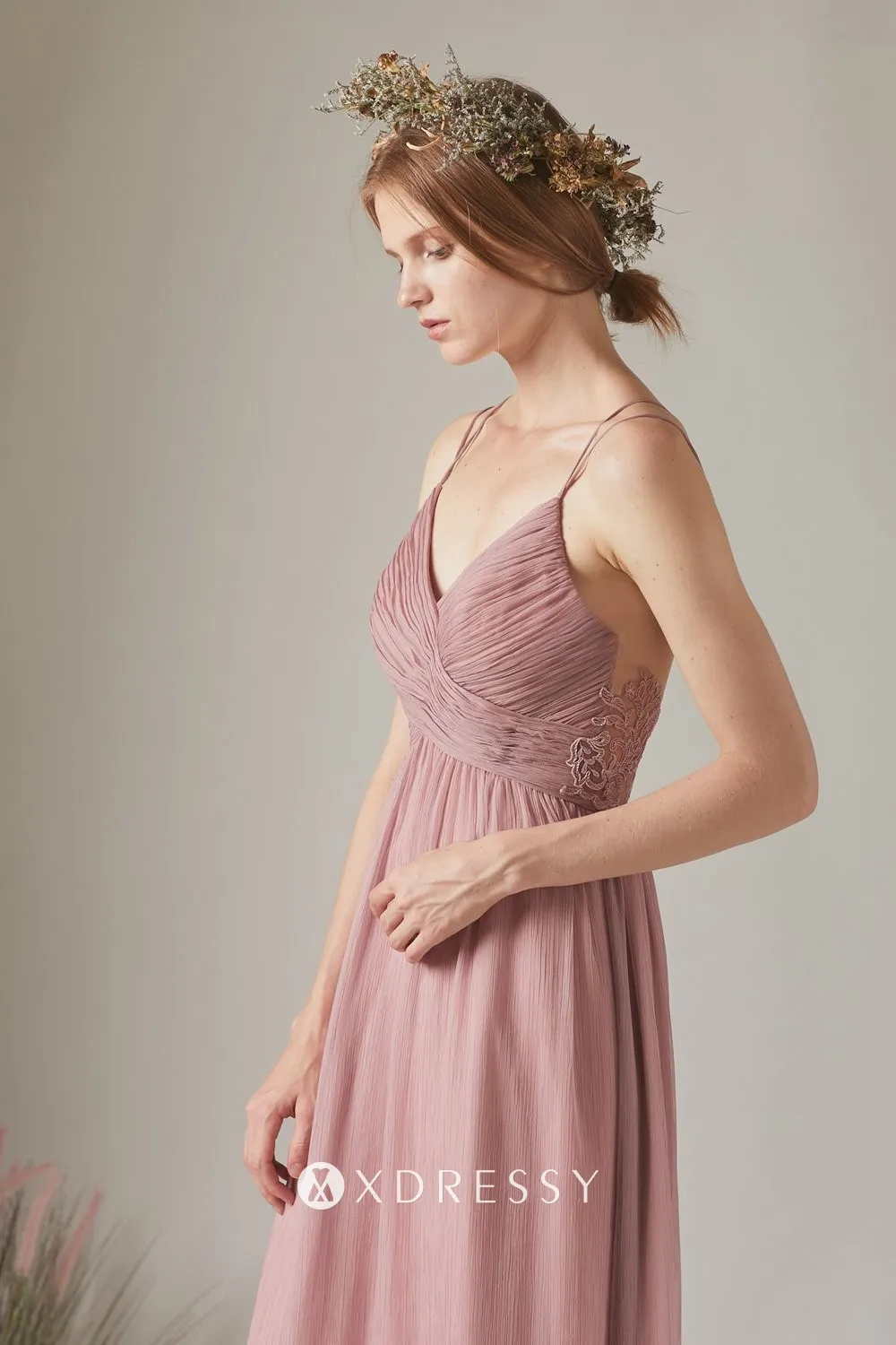 spaghetti straps pleated rose pink chiffon dress