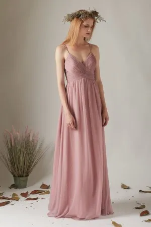 spaghetti straps pleated rose pink chiffon long dress