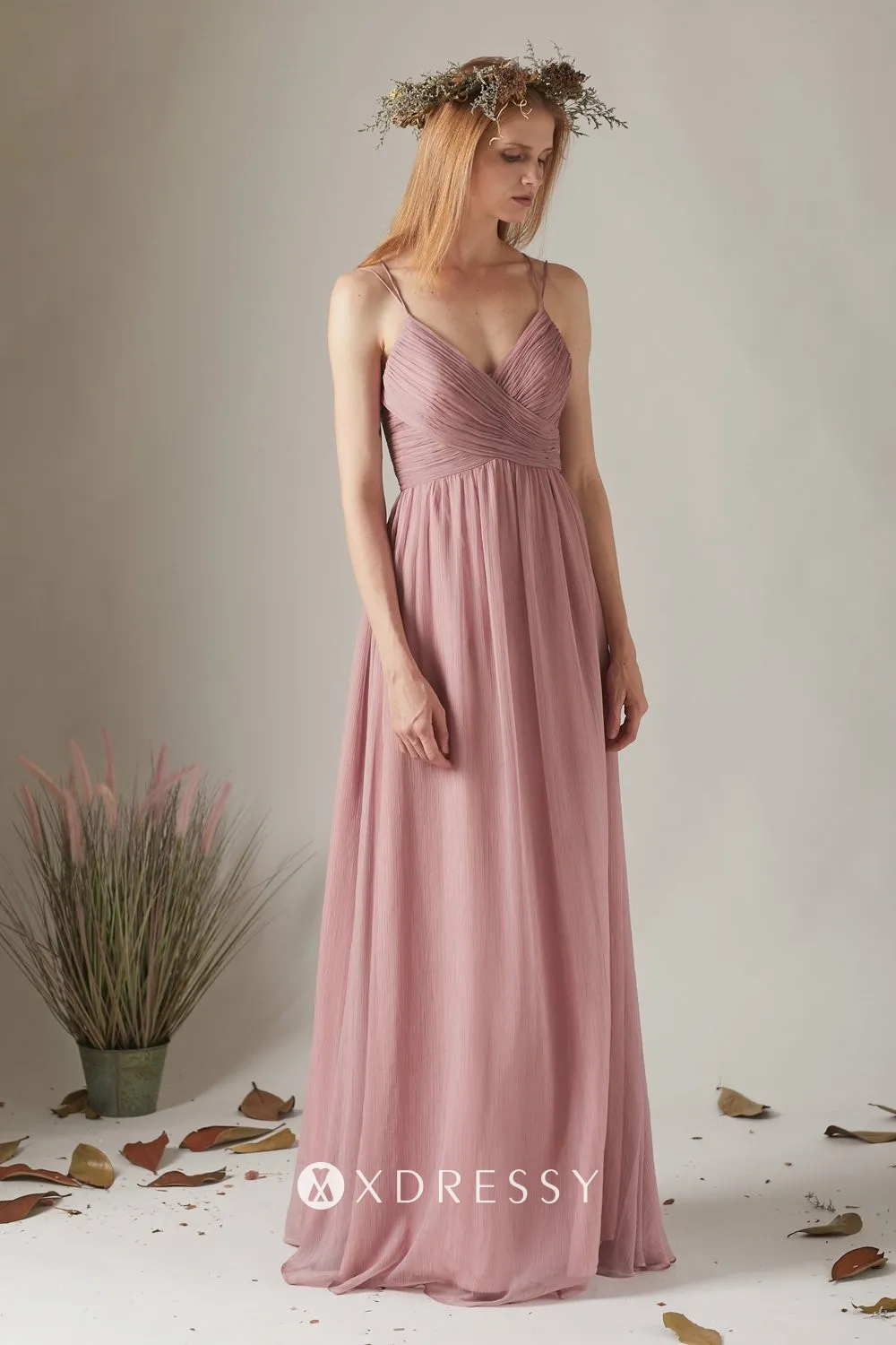 spaghetti straps pleated rose pink chiffon long dress