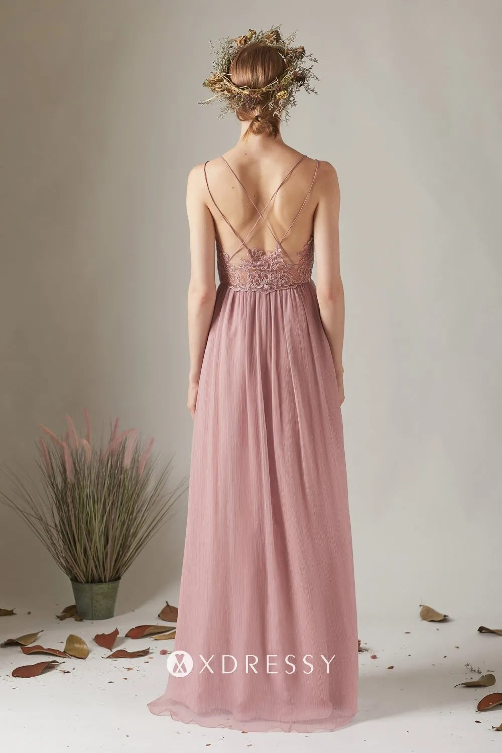 strapy open back pleated rose pink chiffon long dress