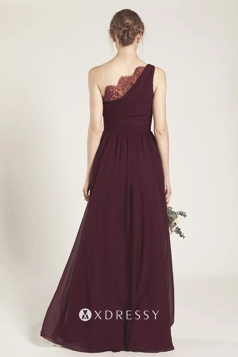 one shoulder scalloped lace asymmetrical illusion back plum chiffon dress one shoulder scalloped lace asymmetrical illusion back plum chiffon dress