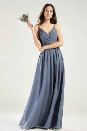 steel blue pleated thin straps chiffon bridesmaid dress