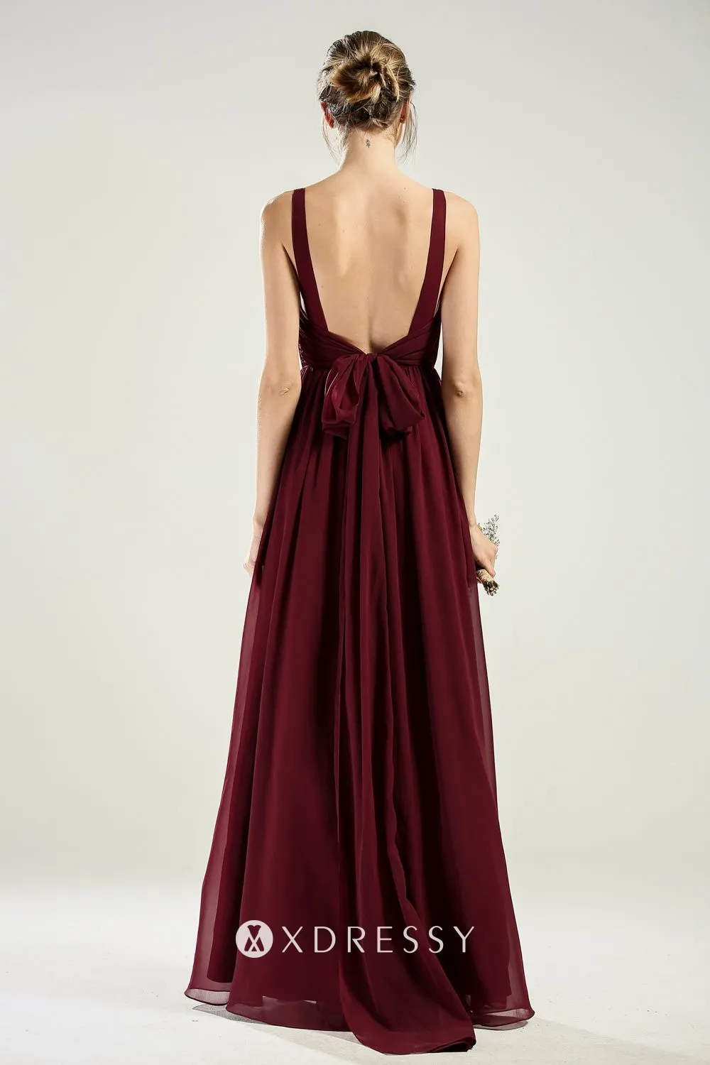 Low back adorned with a bow burgundy chiffon bridesmaid gown Low back adorned with a bow burgundy chiffon bridesmaid gown