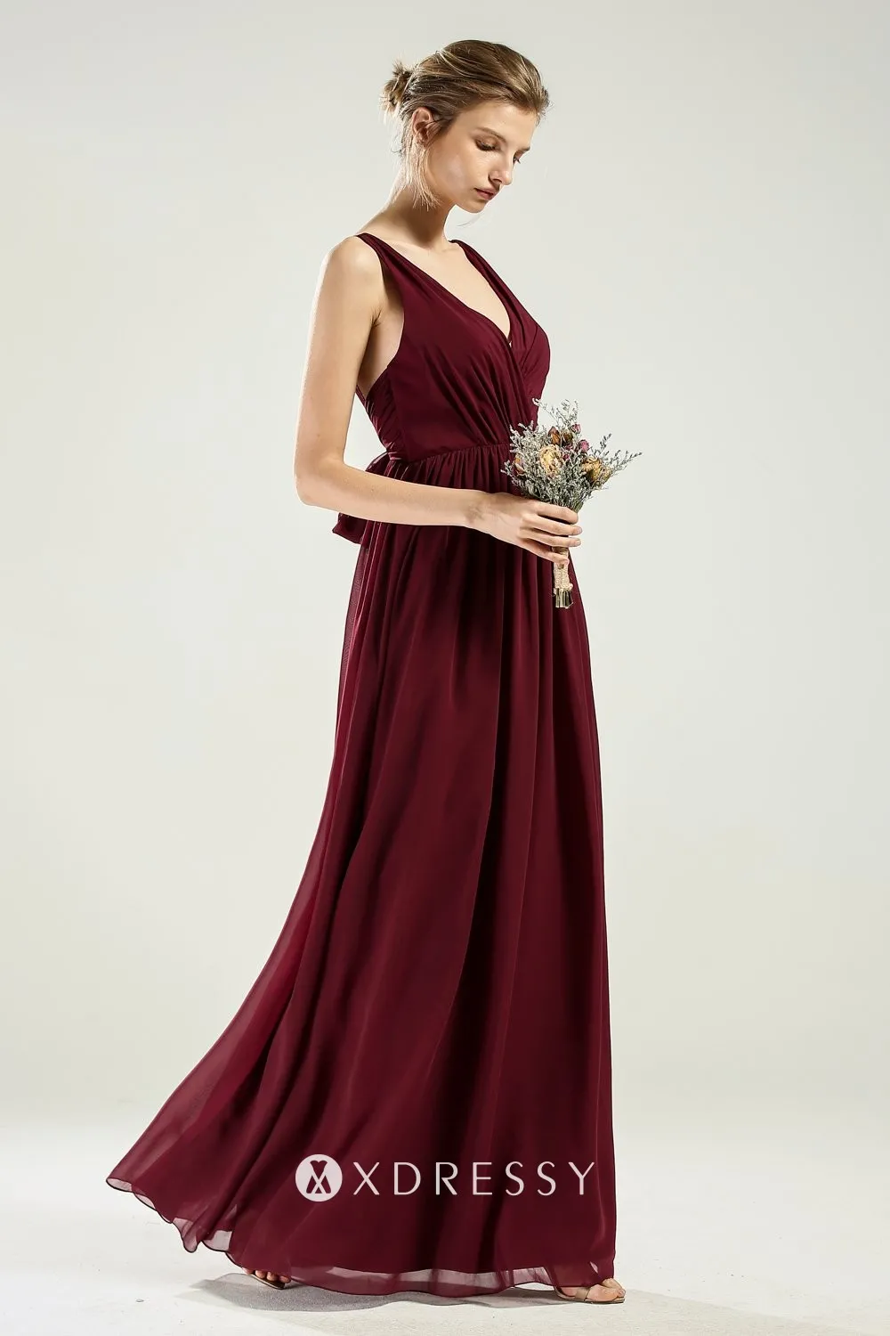 Strapless Chiffon Full Length Gowns Burgundy
