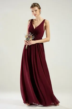 wide straps v neck burgundy chiffon bridesmaid gown