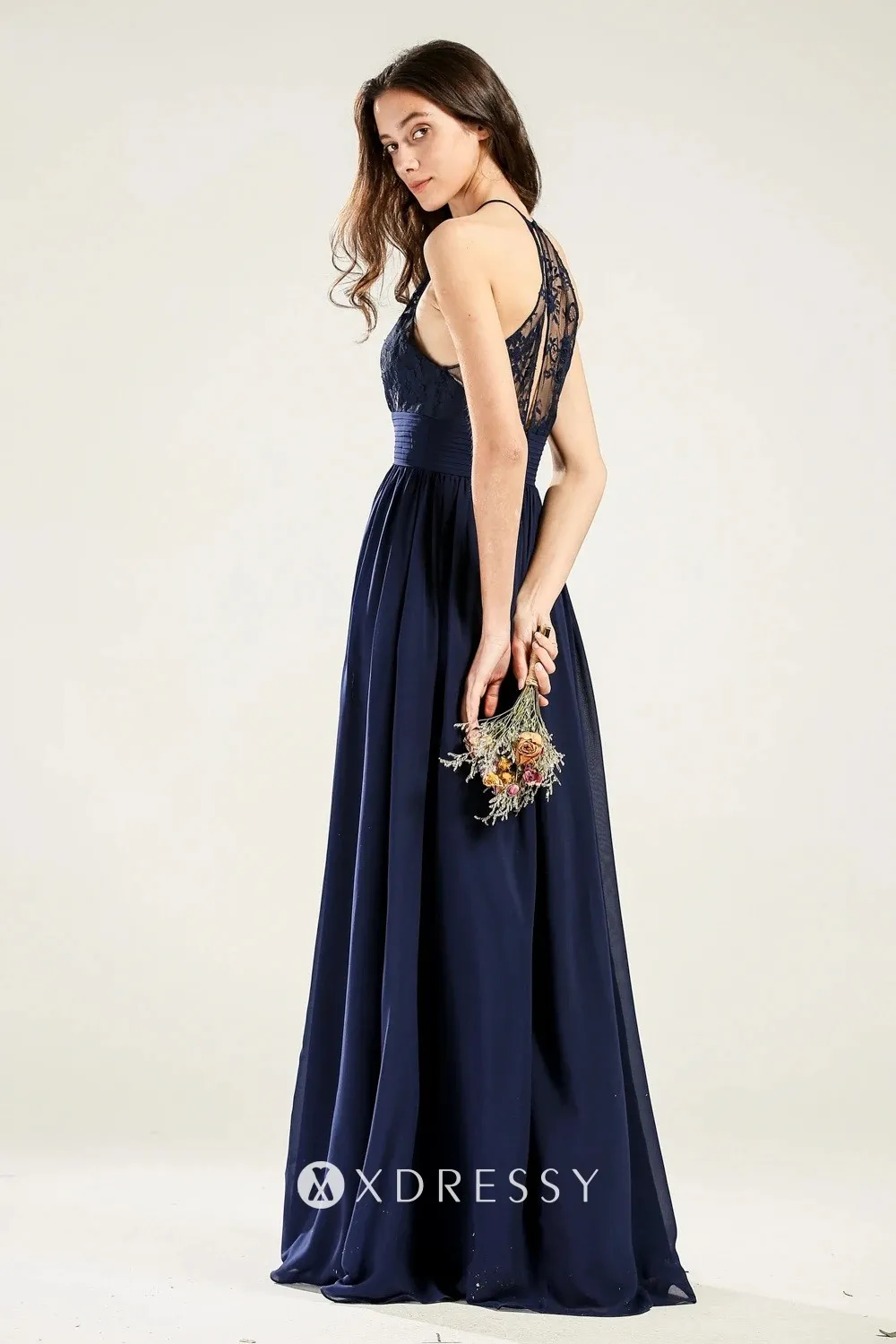 Illusion lace keyhole back navy chiffon bridesmaid dress Illusion lace keyhole back navy chiffon bridesmaid dress