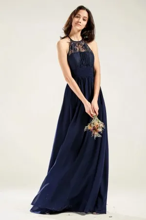 illusion halter neckline navy chiffon bridesmaid dress