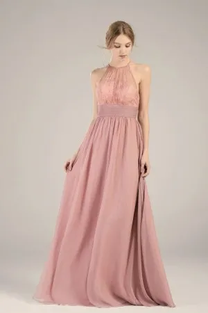 illusion halter neck rose pink chiffon bridesmaid dress