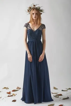 beaded bodice lace cap sleeve navy blue chiffon dress