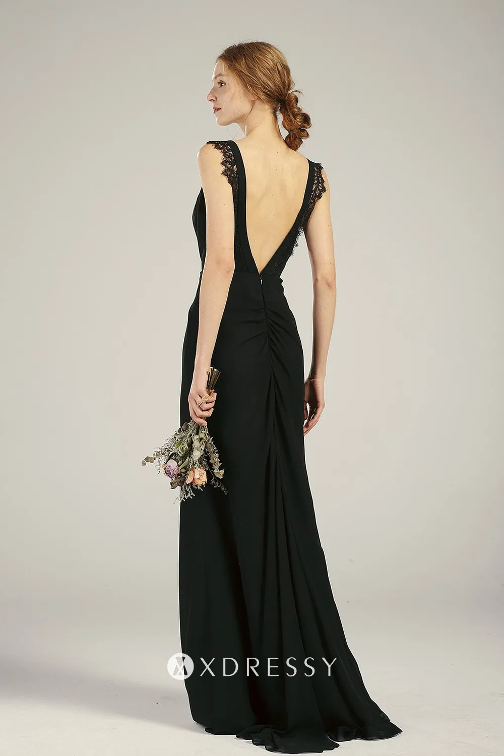 elegant black low V back chiffon column dress elegant black low V back chiffon column dress