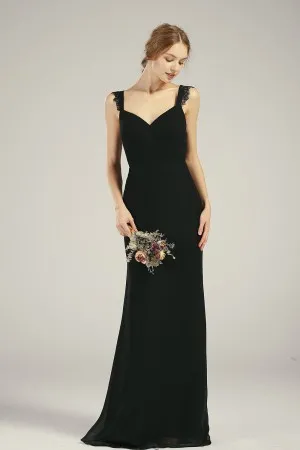 elegant black v neck lace straps chiffon column dress