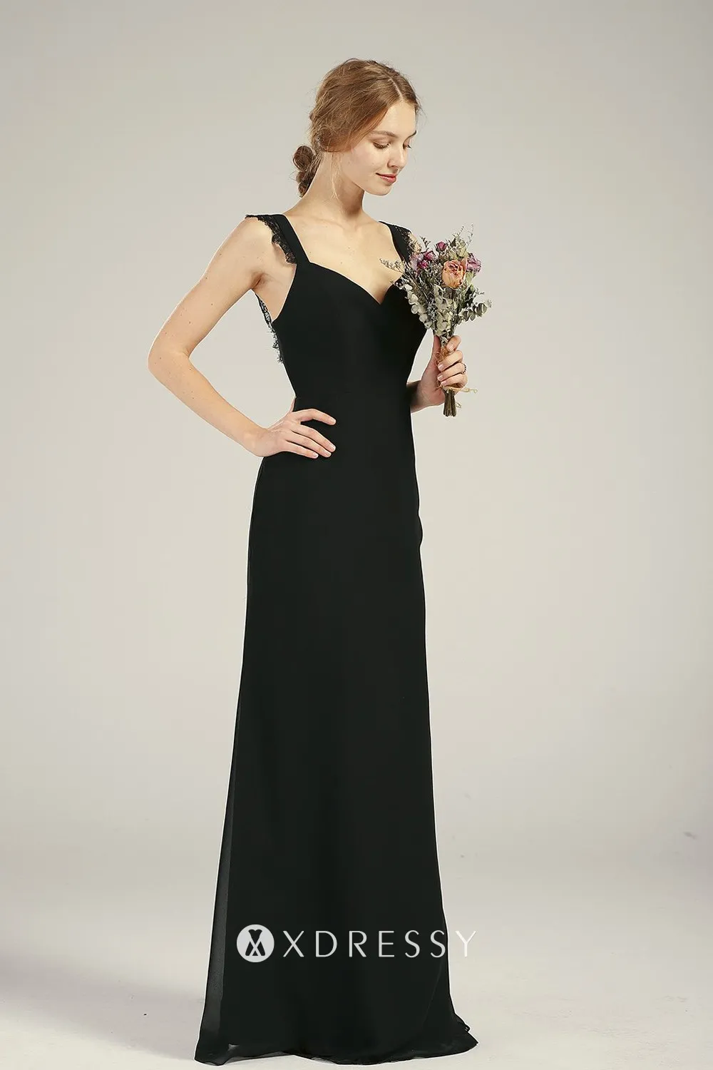 elegant black wide lace straps chiffon column dress elegant black wide lace straps chiffon column dress