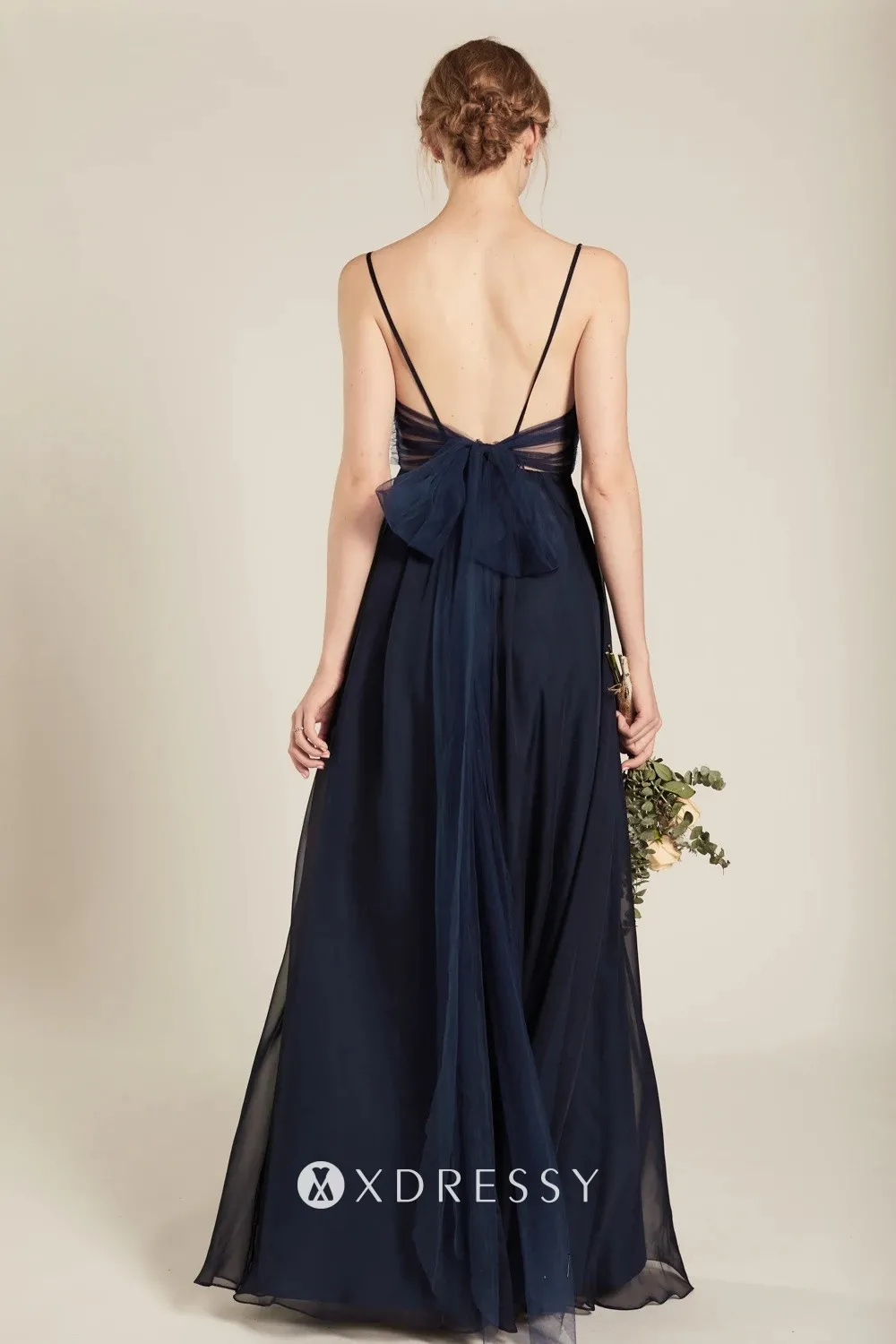 spaghetti strap low back big bow tie dark navy chiffon long dress spaghetti strap low back big bow tie dark navy chiffon long dress