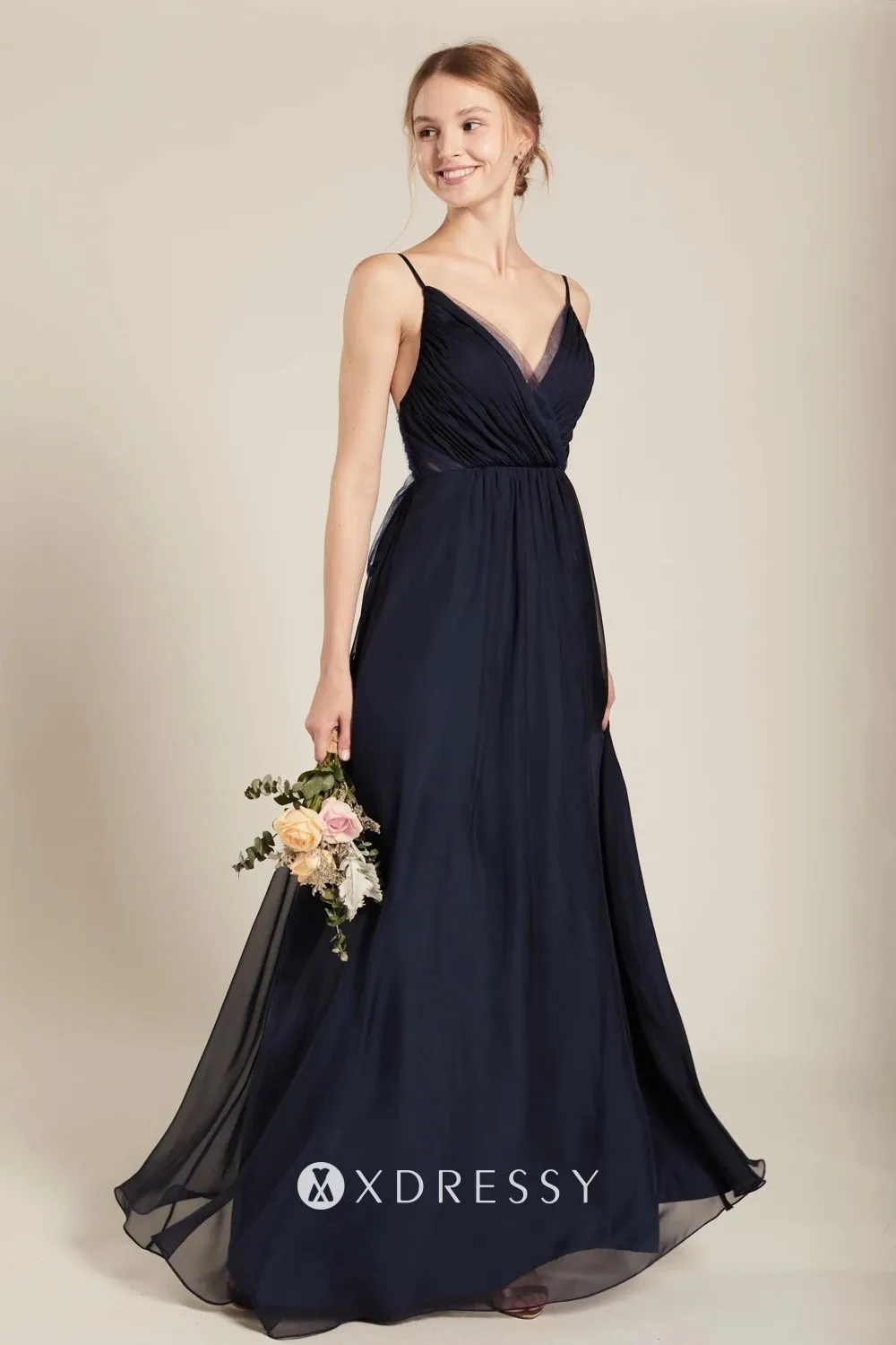 spaghetti straps pleated dark navy chiffon long dress spaghetti straps pleated dark navy chiffon long dress