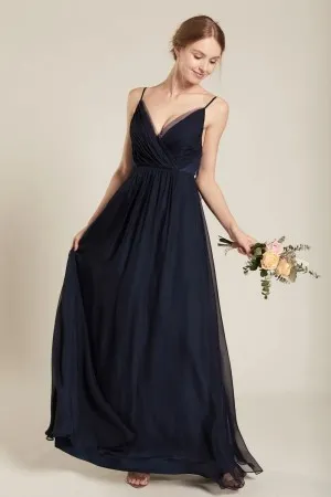 v neckline spaghetti straps dark navy chiffon long dress