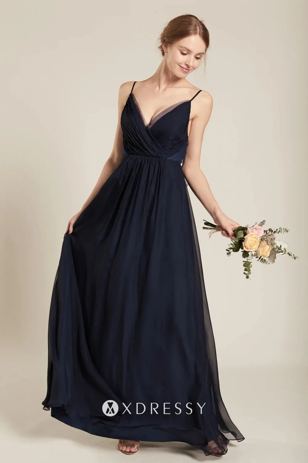 v neckline spaghetti straps dark navy chiffon long dress v neckline spaghetti straps dark navy chiffon long dress