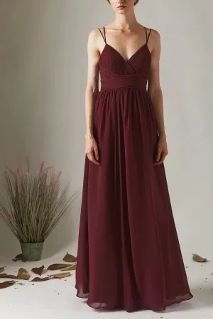 pleated empire waist burgundy chiffon bridesmaid dress