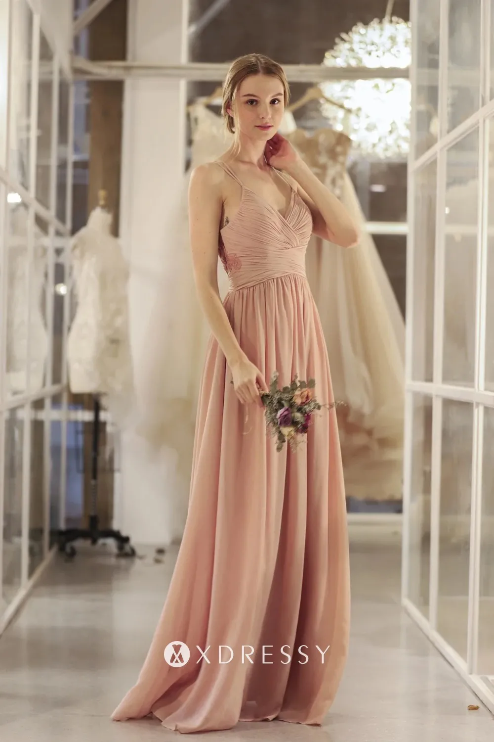 empire waist nude pink chiffon long gown