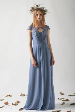 double necks lace cap sleeve steel blue bridesmaid gown