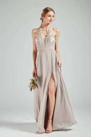 sexy high slit lace halter taupe chiffon long dress