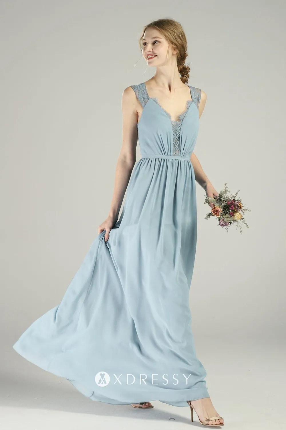 blue wide lace straps A line chiffon bridesmaid dress blue wide lace straps A line chiffon bridesmaid dress