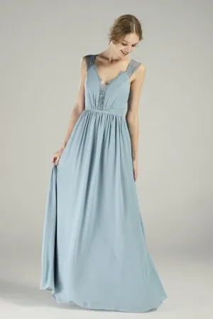 pretty blue wide lace straps chiffon bridesmaid dress