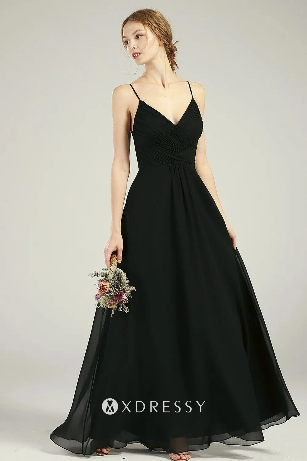 black lace low back straps A line chiffon dress black lace low back straps A line chiffon dress