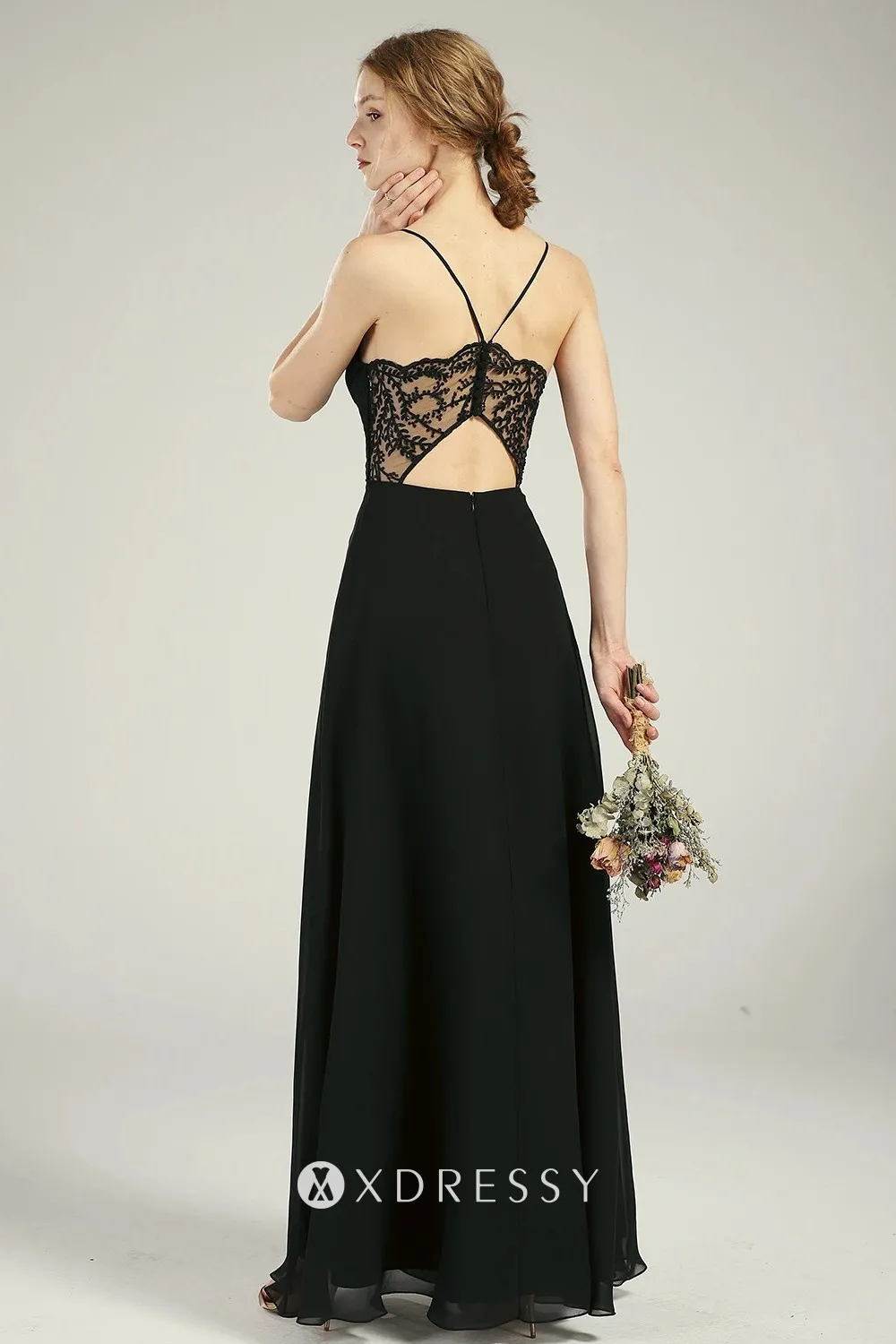 black lace low back straps chiffon dress black lace low back straps chiffon dress