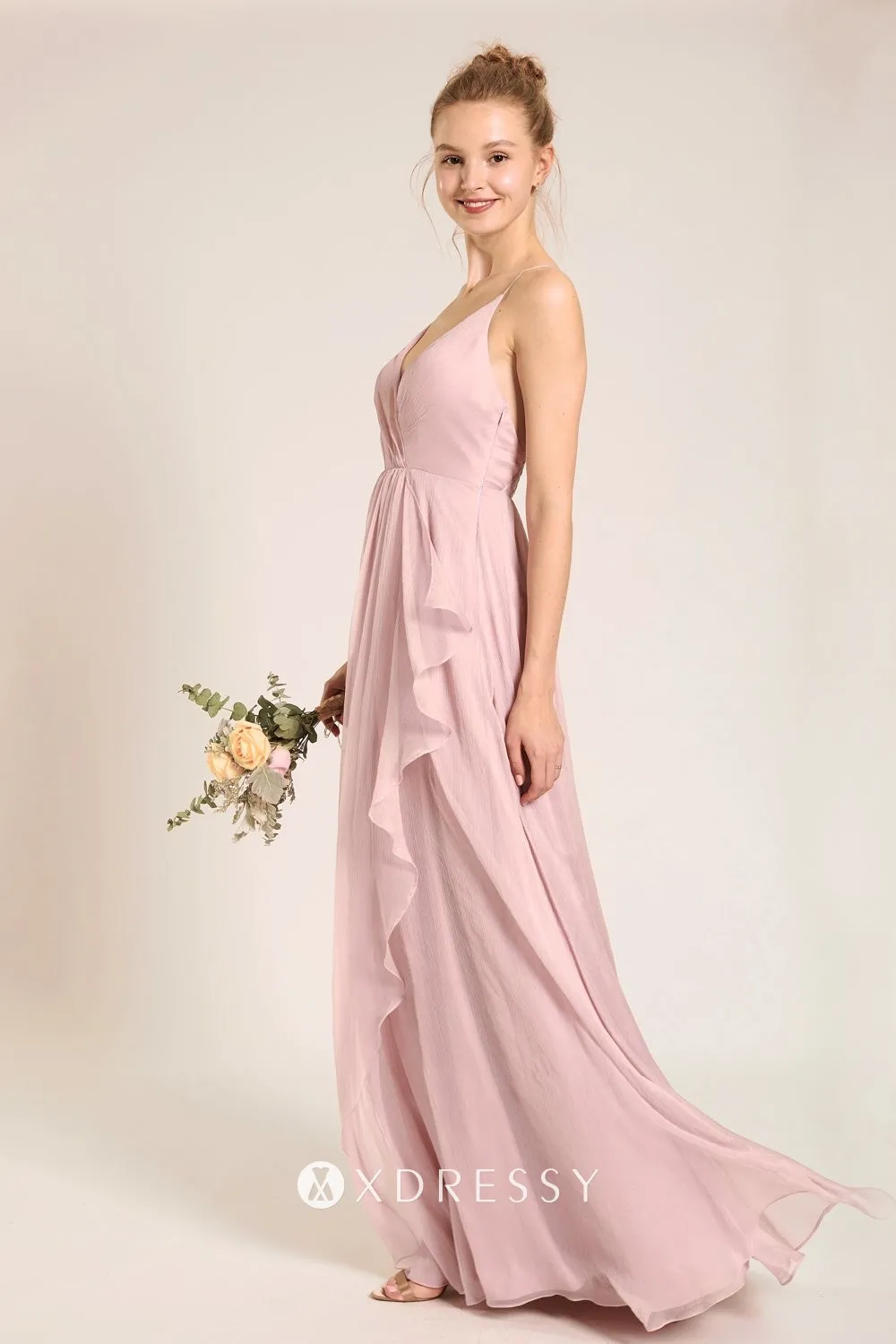 Pleated A-Line Long Chiffon Bridesmaid Dress in Wild Rose