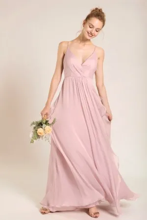 thin straps ruffled blush chiffon long bridesmaid dress