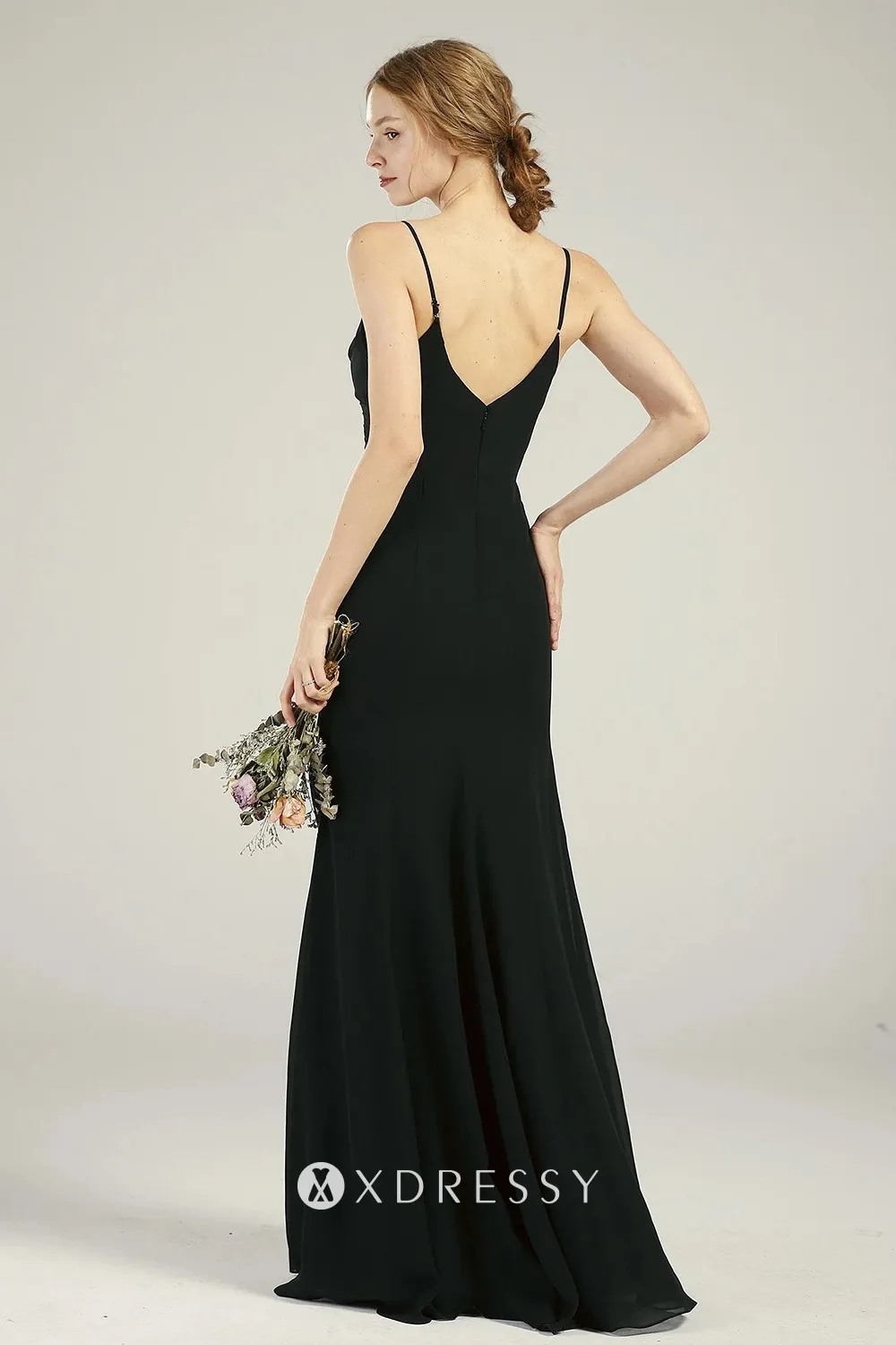 black straps V back chiffon trumpet dress black straps V back chiffon trumpet dress