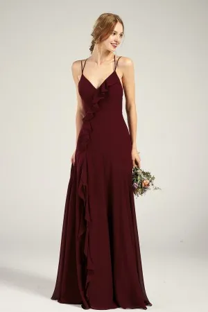 glamorous ruffled maroon chiffon slit bridesmaid dress