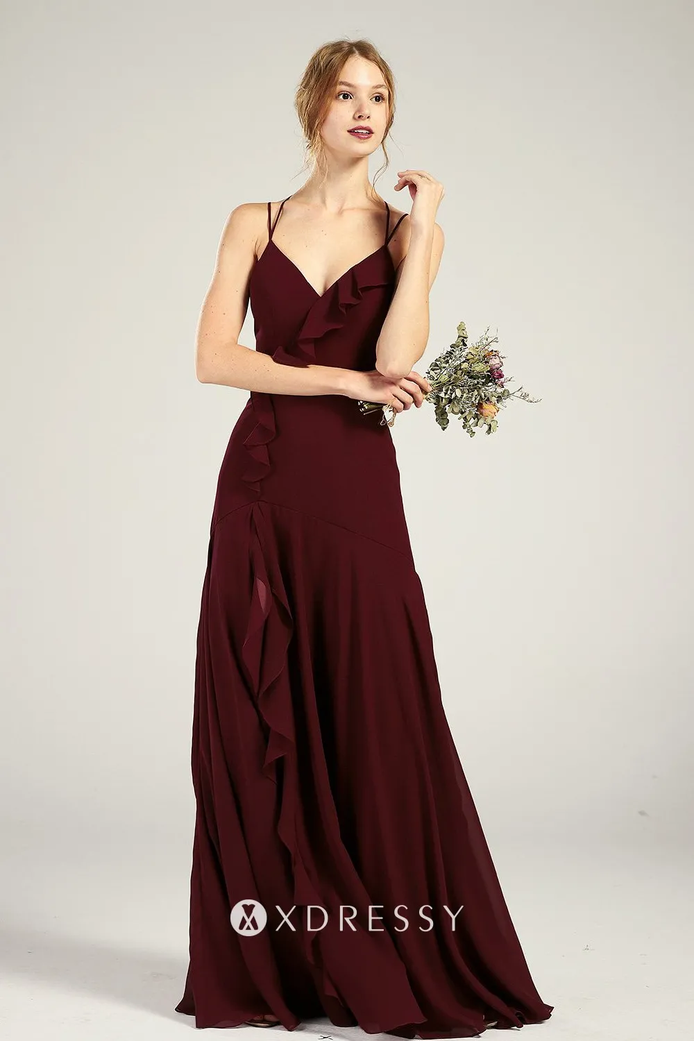 ruffled maroon chiffon slit bridesmaid dress