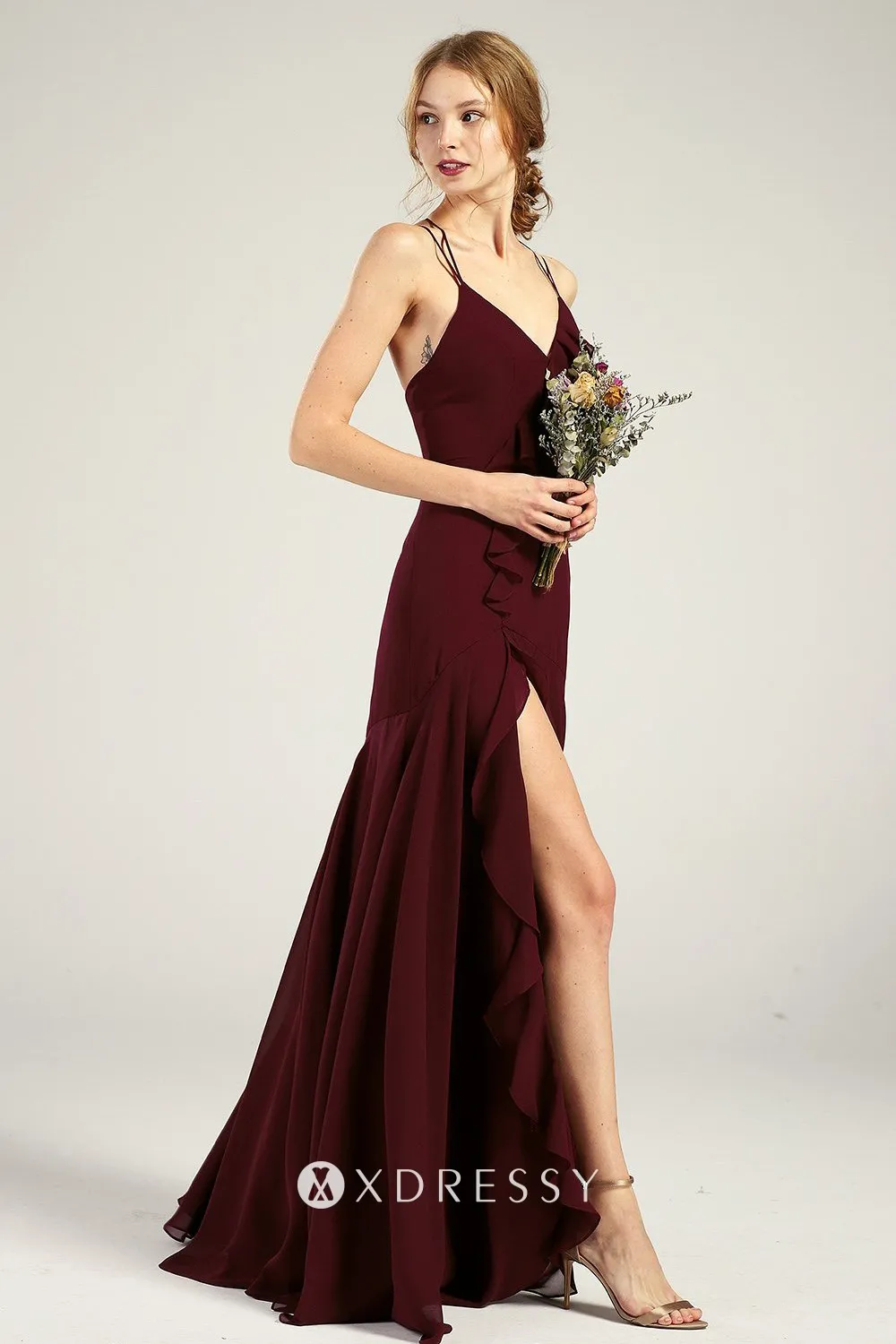 ruffled maroon chiffon thigh high slit bridesmaid dress