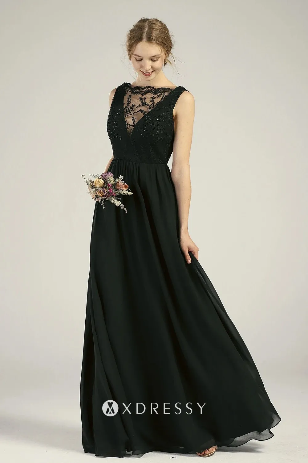 beaded lace illusion plunge neck black chiffon dress