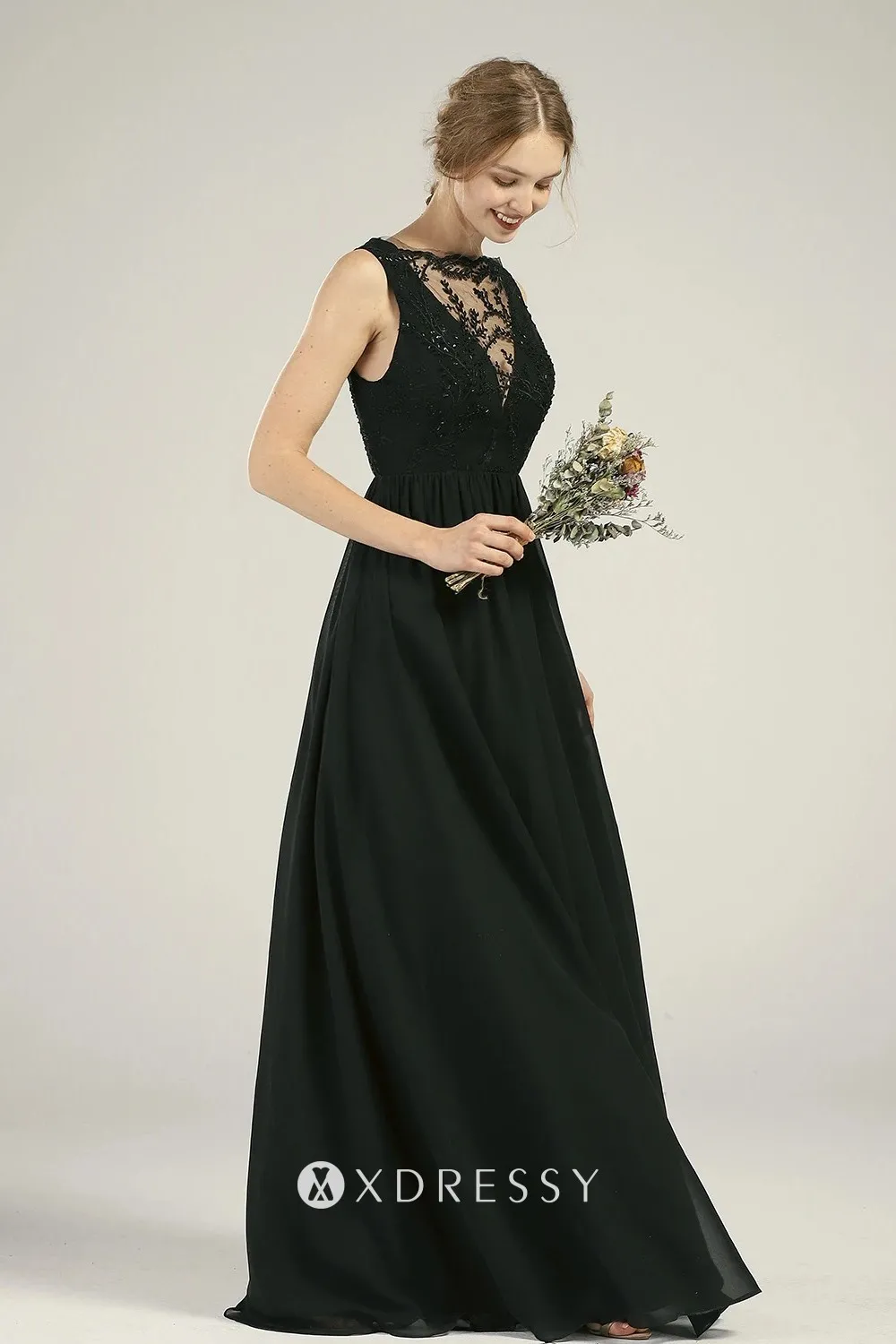 lace illusion neck A line black chiffon dress
