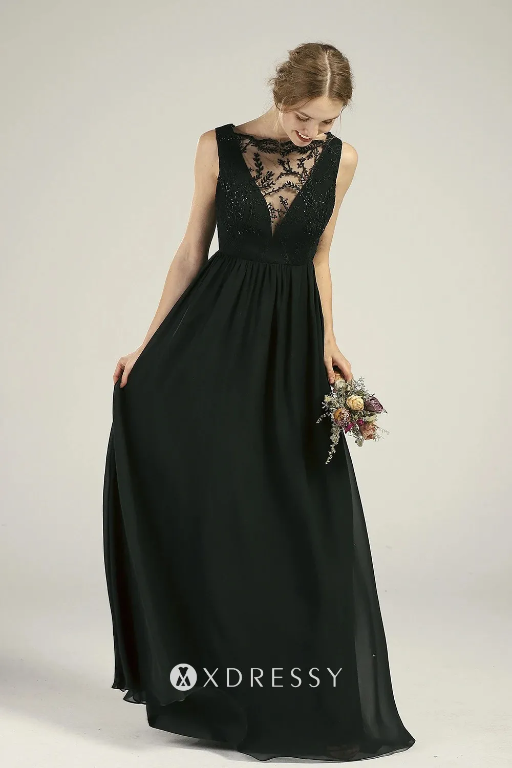 lace illusion neck black chiffon dress