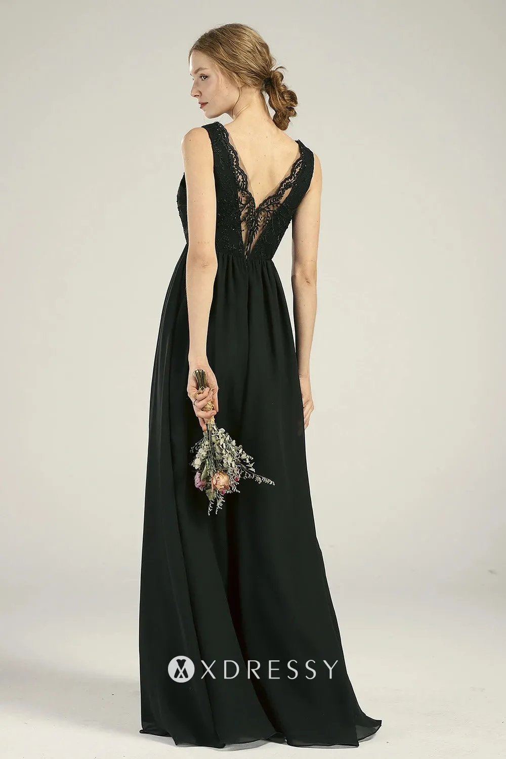 scalloped lace low V back black chiffon dress