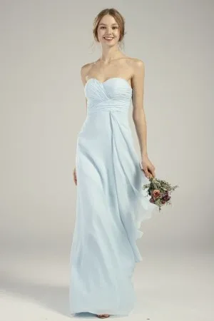 flowy strapless light blue chiffon long bridesmaid gown