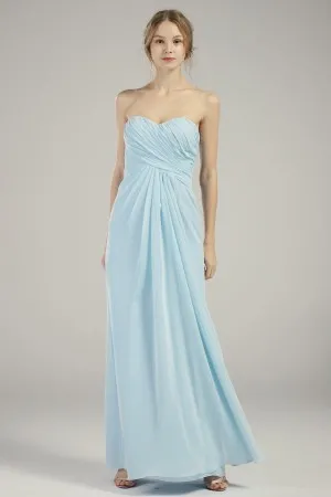 simple ruched light blue chiffon long bridesmaid dress