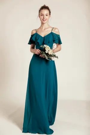ruffled off shoulder peacock blue chiffon long dress