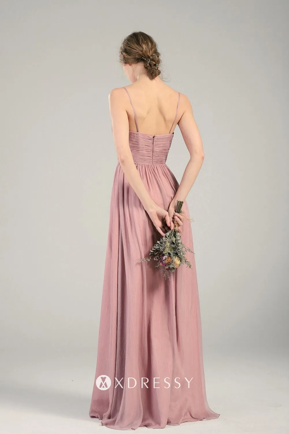 A-Line Chiffon Dress with Flower Appliqued Brown