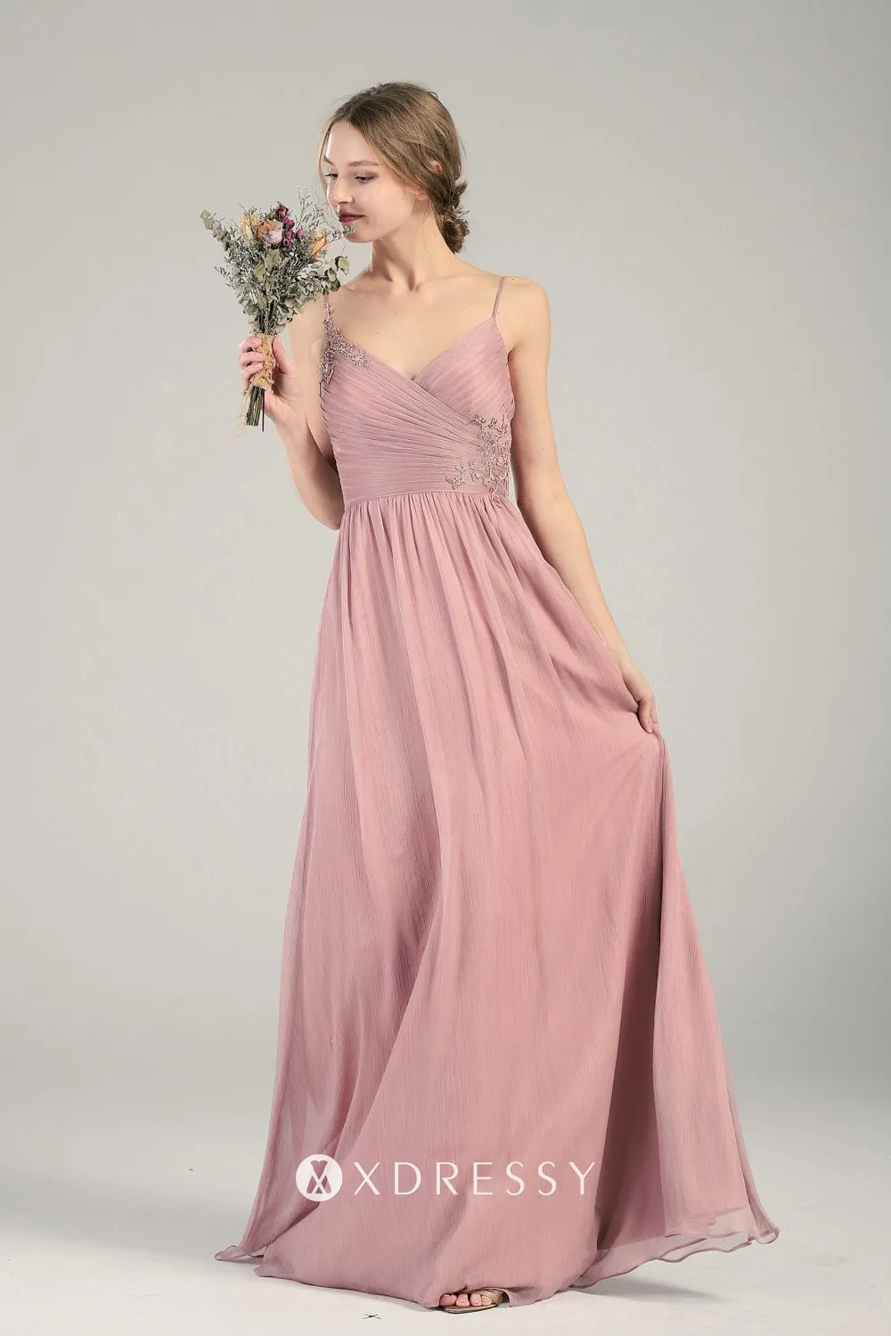 pleated lace applique straps rose A line dress pleated lace applique straps rose A line dress