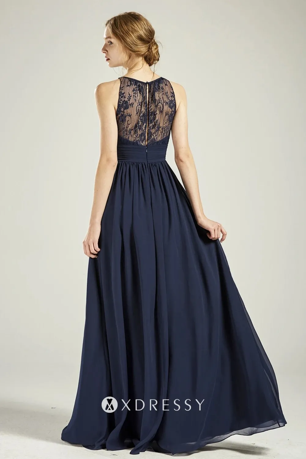 Illusion lace up back navy blue bridesmaid gown