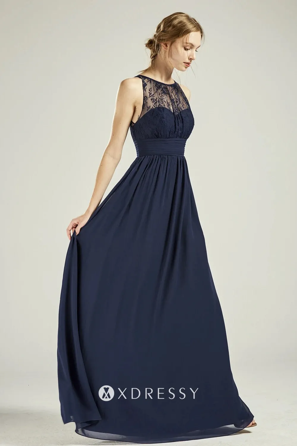 Lace bodice A line navy blue bridesmaid gown