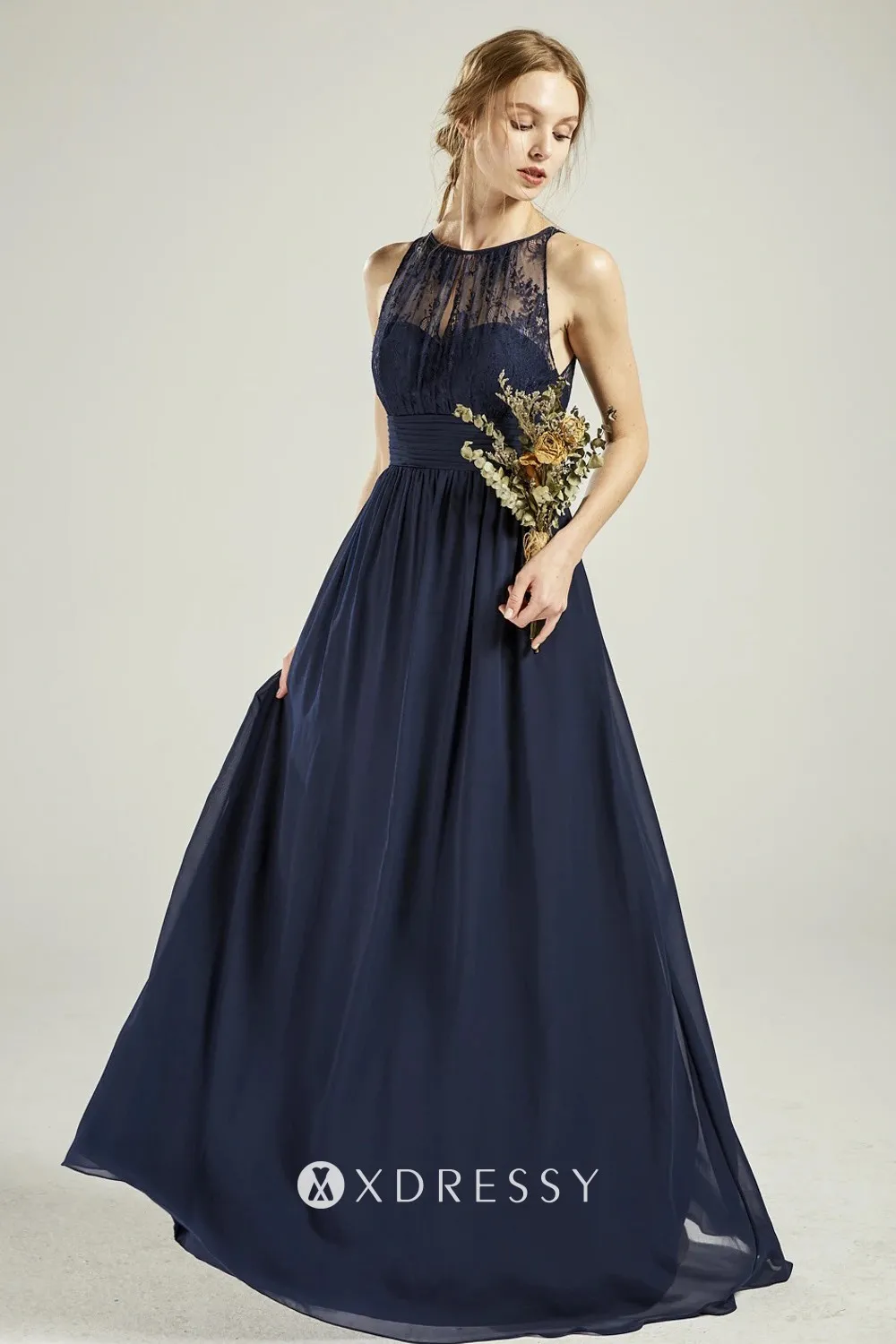 Lace bodice sleeveless navy blue bridesmaid gown